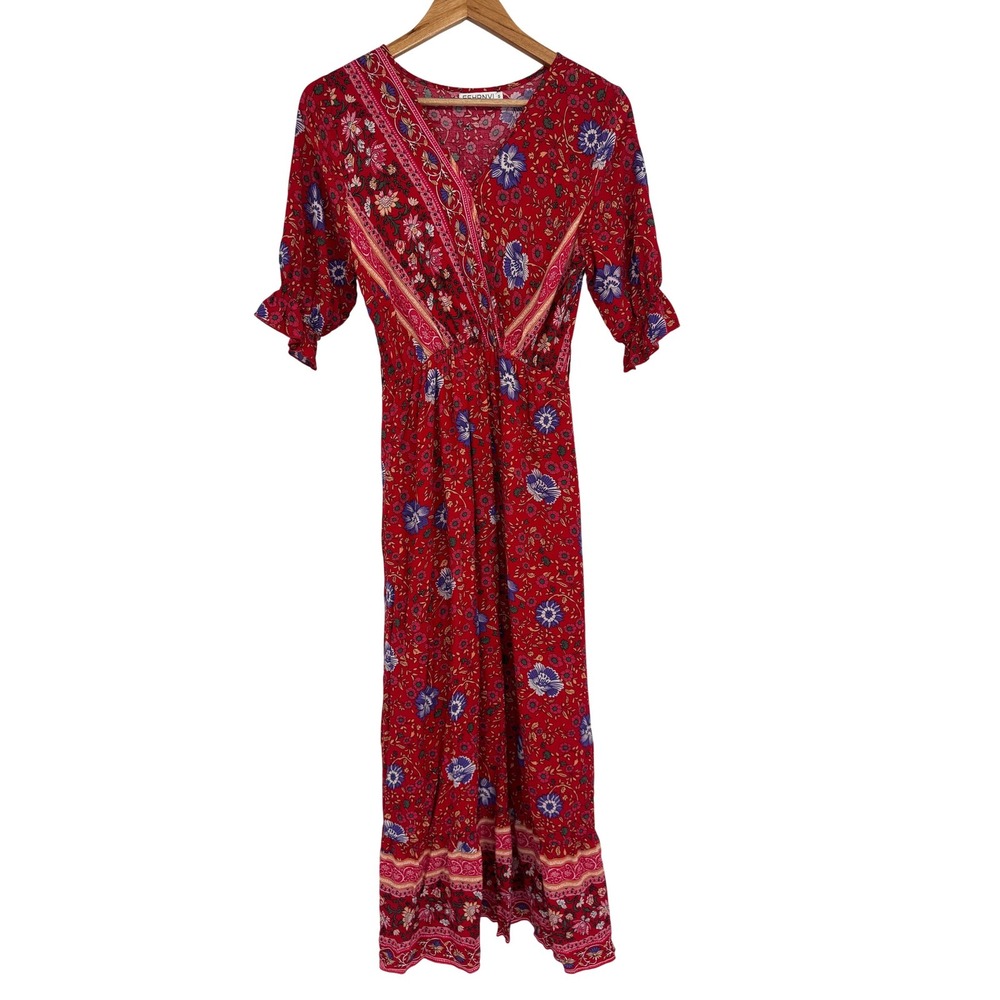 Fehrnvi Floral Maxi Dress Women S Red Boho Cottagecore Peasant Gypsy Romantic